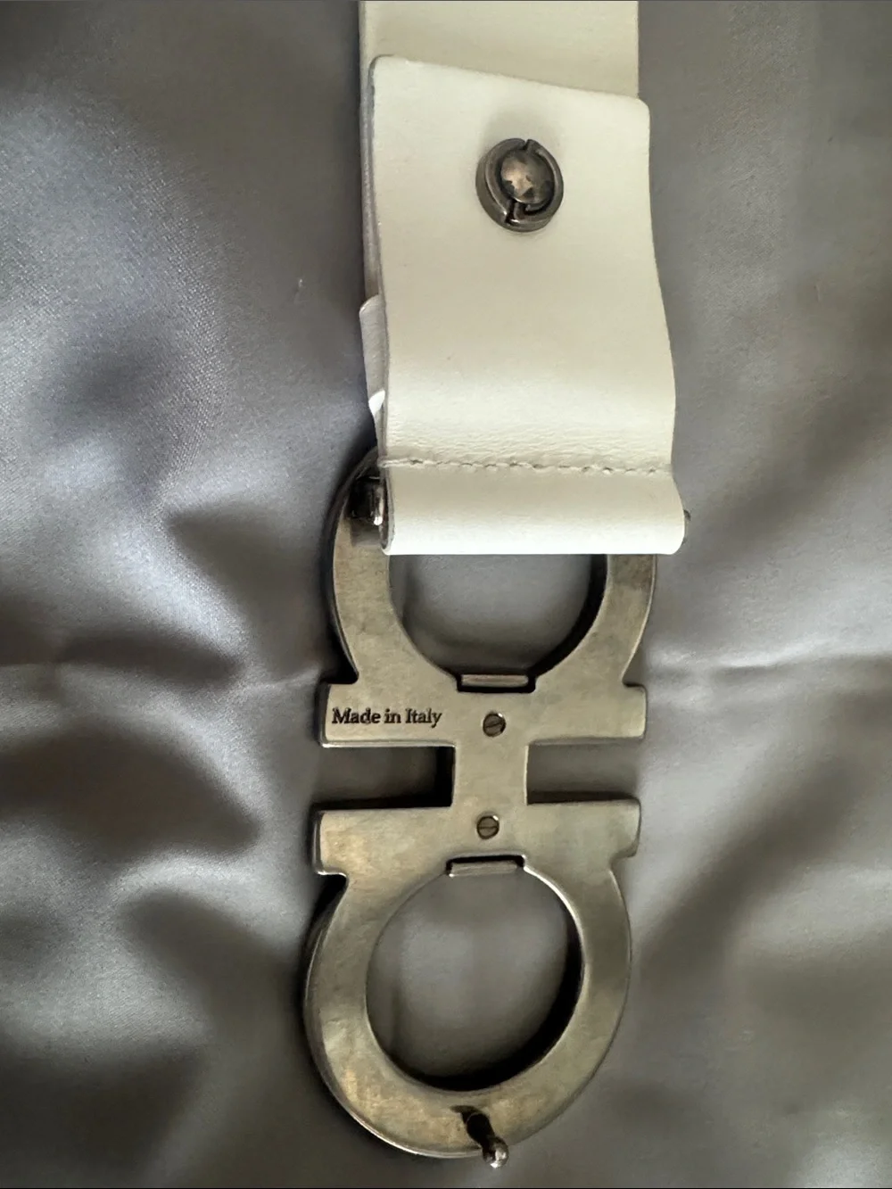Salvatore Ferragamo White Leather Belt with Gunmetal Double-Gancini Buckle
